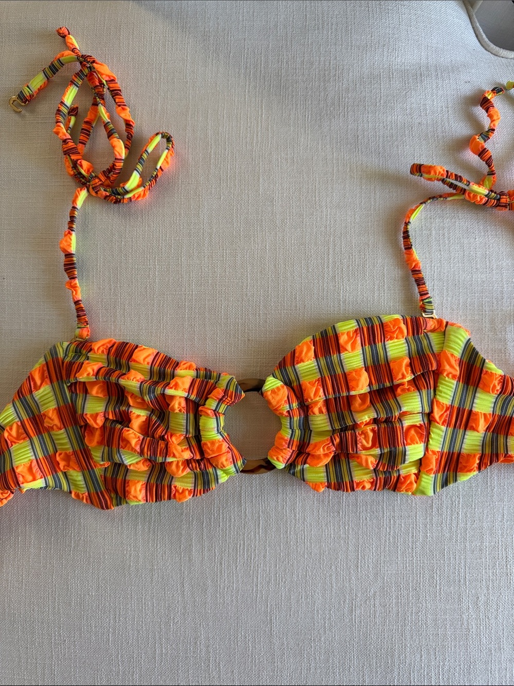 NWOT Montce Tori Ties Neon Plaid Bandeau Bikini Top - Picture 2 of 6